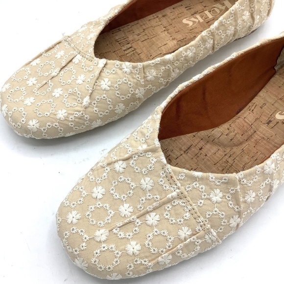 Korks Palmer Beige White Floral Eyelet Slip On  Flats 7 - Picture 6 of 12